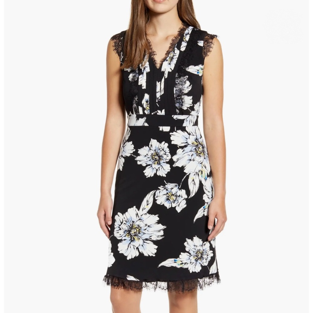Karl Lagerfeld Floral Print Lace Trim Dress